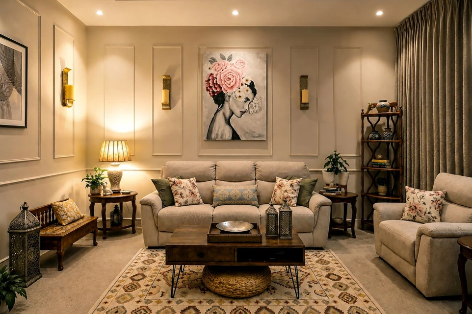 Luxury home interior design in Leeds UK showcasing warm ambient lighting, bespoke wall detailing, curated furniture, and turnkey living space styling by House of Ahana.
