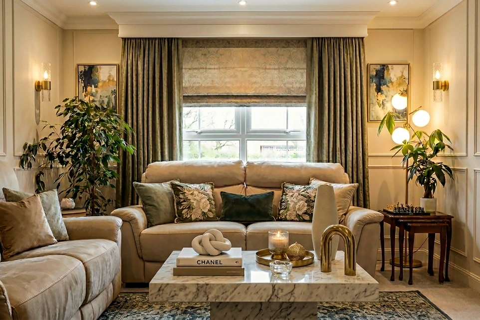 Elegant luxury living room interior design in Leeds, UK featuring bespoke sofa decor, warm lighting, premium furniture styling, and refined residential interiors by House of Ahana.