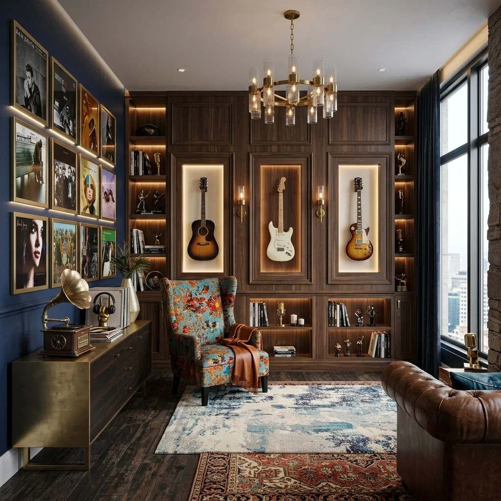 Layered maximalist interior with dark wood textures, framed artwork, and ambient lighting in a luxury Yorkshire home