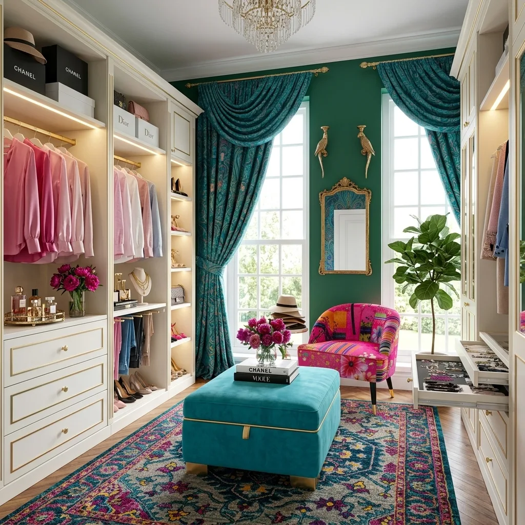 Colourful layered dressing room interior with bold textures, elegant drapery, and curated maximalist styling