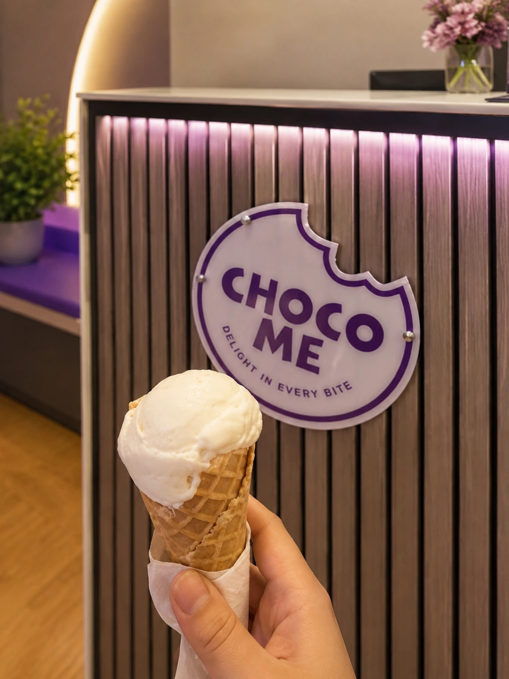 Designed to encourage customer engagement, social sharing, and memorable brand interactions within the Choco Me dessert shop. Customer holding an ice cream cone in front of the Choco Me branded counter, highlighting the shop’s photo-friendly interior and brand experience.