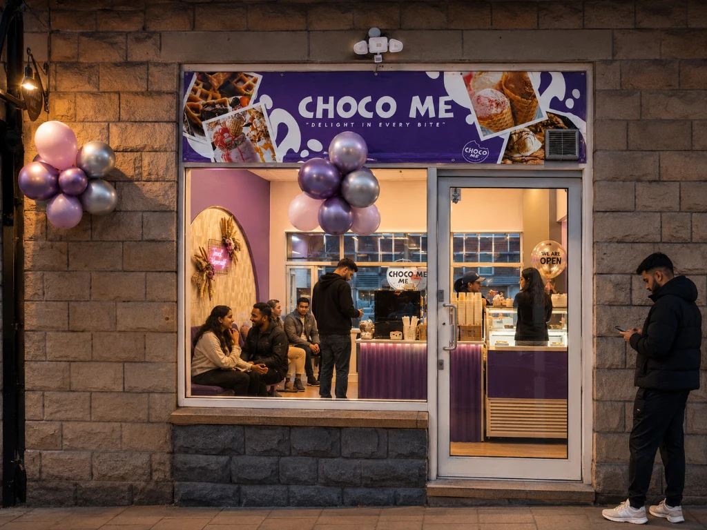 The finished Choco Me storefront demonstrates how thoughtful design, branding, and budget-conscious decisions transformed a former nail salon into a welcoming dessert destination. Completed Choco Me dessert shop exterior showcasing the final transformation from a former nail salon into a vibrant branded destination.