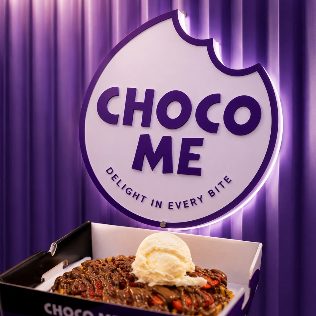 Choco Me branding and dessert display showcasing the shop’s purple-themed interior design concept. Choco Me brand logo displayed against a purple feature wall with a signature dessert presentation inside the completed dessert shop interior.