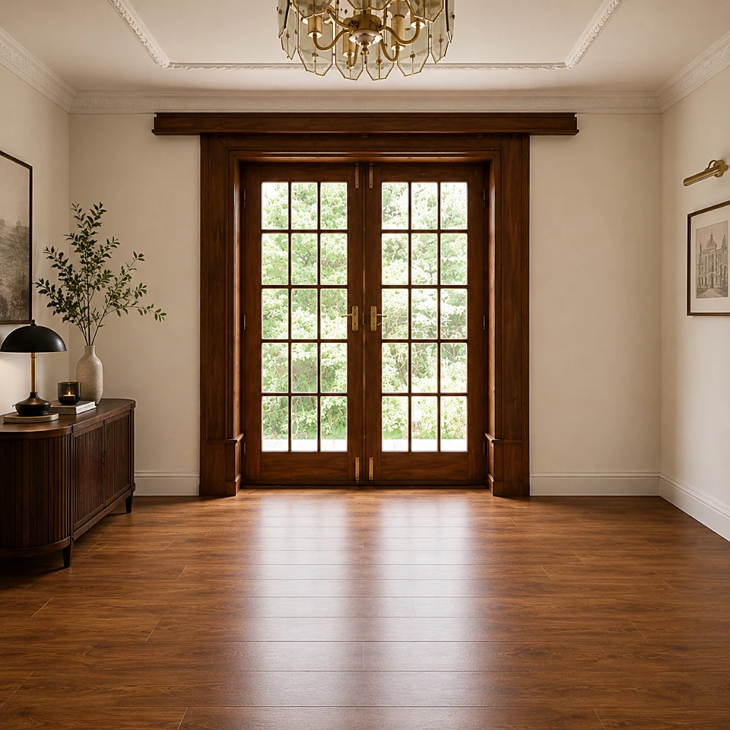 Timber flooring creates a warm and sophisticated foundation for this modern-classic interior. Elegant interior featuring timber flooring, bespoke French doors, classic wall mouldings and natural light, illustrating the growing role of flooring in contemporary home design.