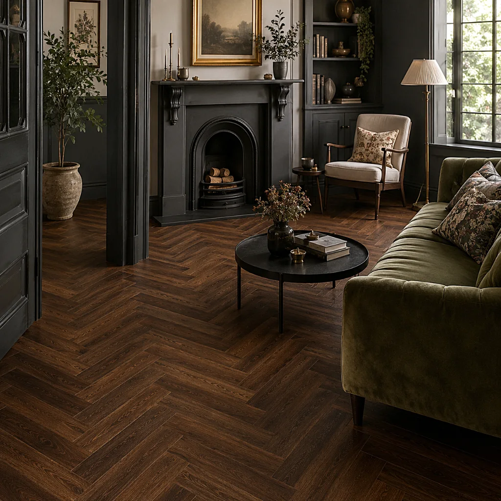 Victorian-inspired herringbone flooring brings warmth, character and timeless elegance to modern interiors. Dark herringbone timber flooring in a sophisticated Victorian-inspired living room featuring classic architectural details, rich textures and contemporary furnishings.