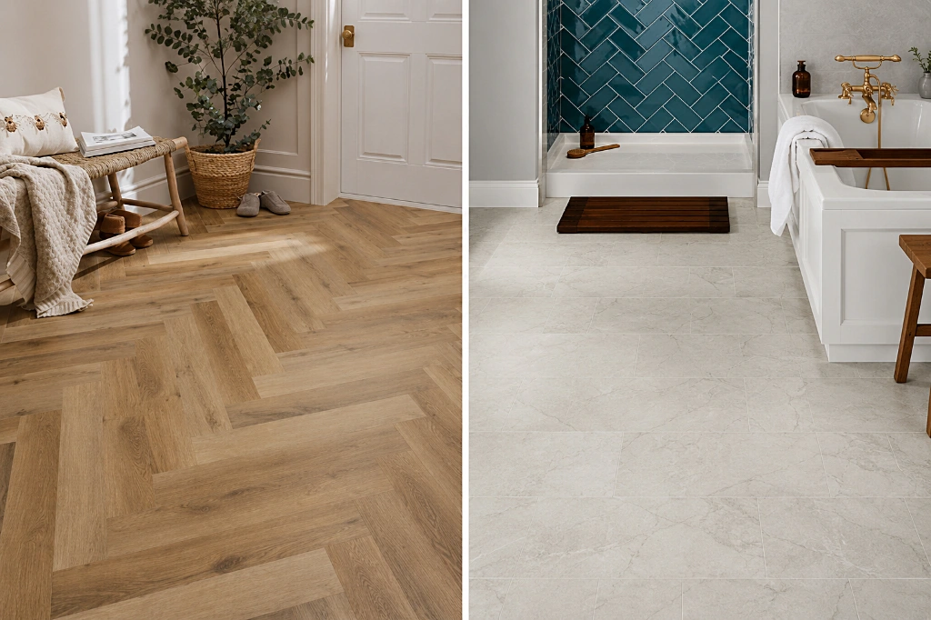 Modern resilient flooring combines the warmth of timber-inspired designs with the practicality of durable stone-effect surfaces. Side-by-side comparison of modern resilient flooring featuring light oak herringbone flooring in a contemporary living space and marble-effect waterproof flooring in an elegant bathroom.