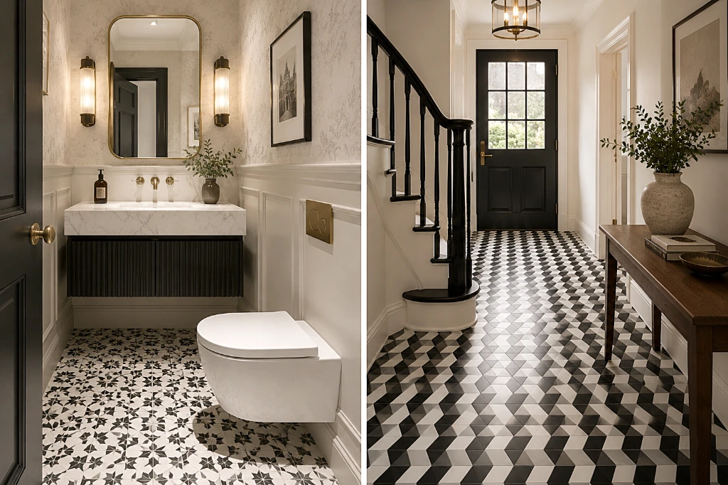 Bold geometric and decorative flooring designs transform practical spaces into memorable interior features. Decorative patterned flooring featured in a Victorian-inspired powder room and elegant hallway, demonstrating how statement floors can add character and visual interest to everyday spaces.