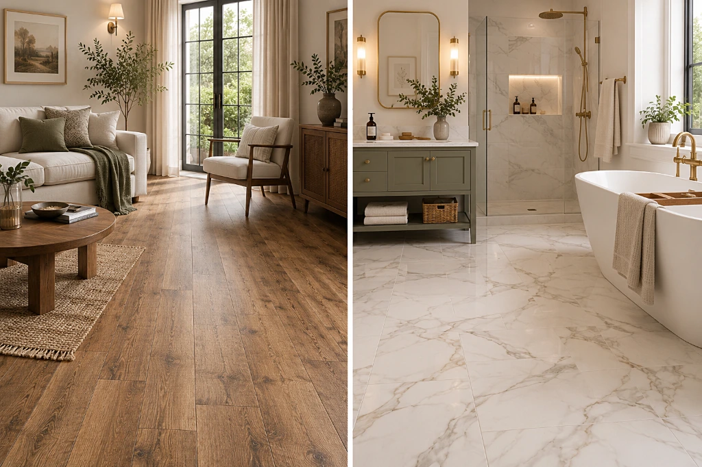 Advanced flooring technology recreates the beauty of natural wood and marble while offering durability, water resistance and easy maintenance. Split-view interior showcasing realistic timber-effect flooring in a contemporary living room alongside marble-effect flooring in a luxurious bathroom, highlighting modern low-maintenance flooring solutions.