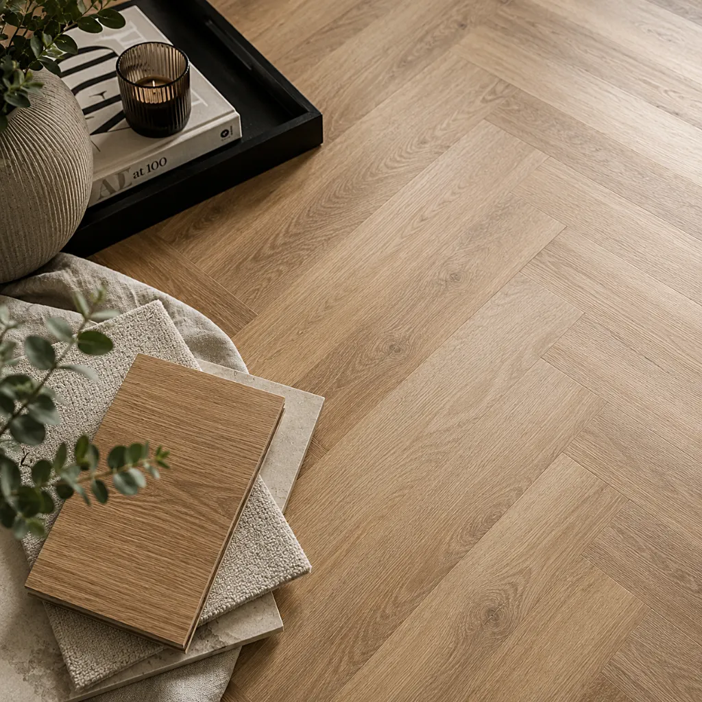 Contemporary flooring combines timeless aesthetics, easy maintenance and design versatility for modern homes. Light oak flooring showcased with curated interior material samples, demonstrating the versatility, practicality and design flexibility of modern flooring solutions.