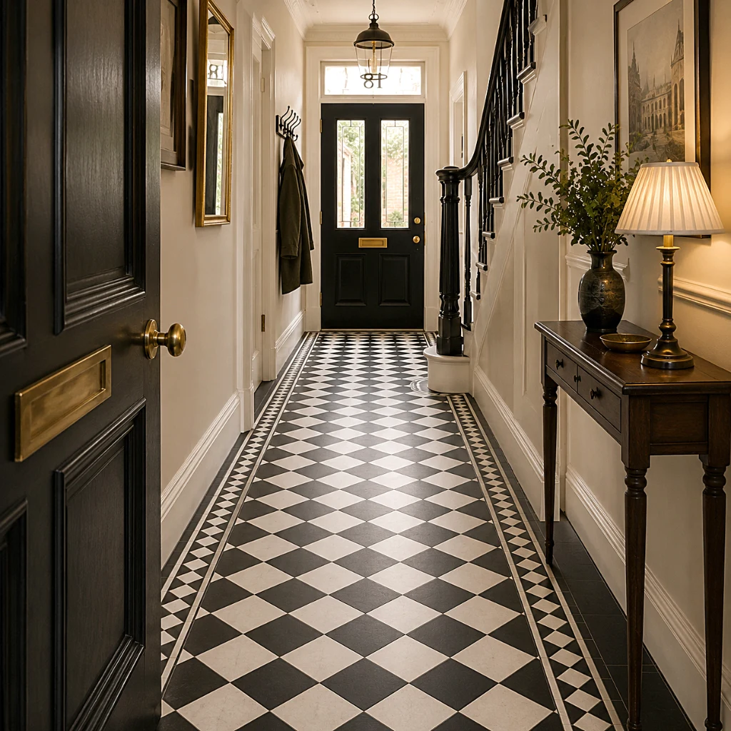 A timeless checkerboard floor creates a striking foundation, bringing personality and architectural character to a beautifully curated interior. Victorian-style checkerboard flooring in an elegant entrance hallway featuring classic architectural details, dark timber accents and contemporary styling.