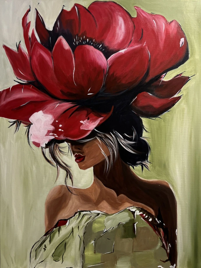 Hand-painted red floral canvas artwork with rich texture, custom created by Ahana Majumdar for a luxury interior design project in the UK.