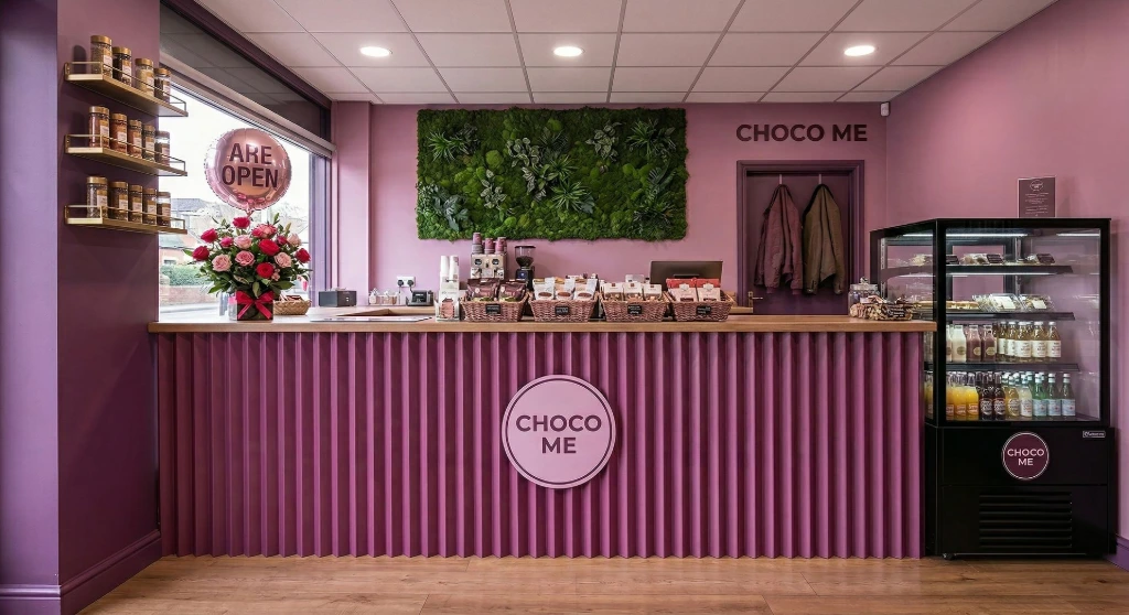 Modern commercial cafe interior design in Bradford by House of Ahana, featuring a plum ribbed counter, wood flooring, and a biophilic moss wall.
