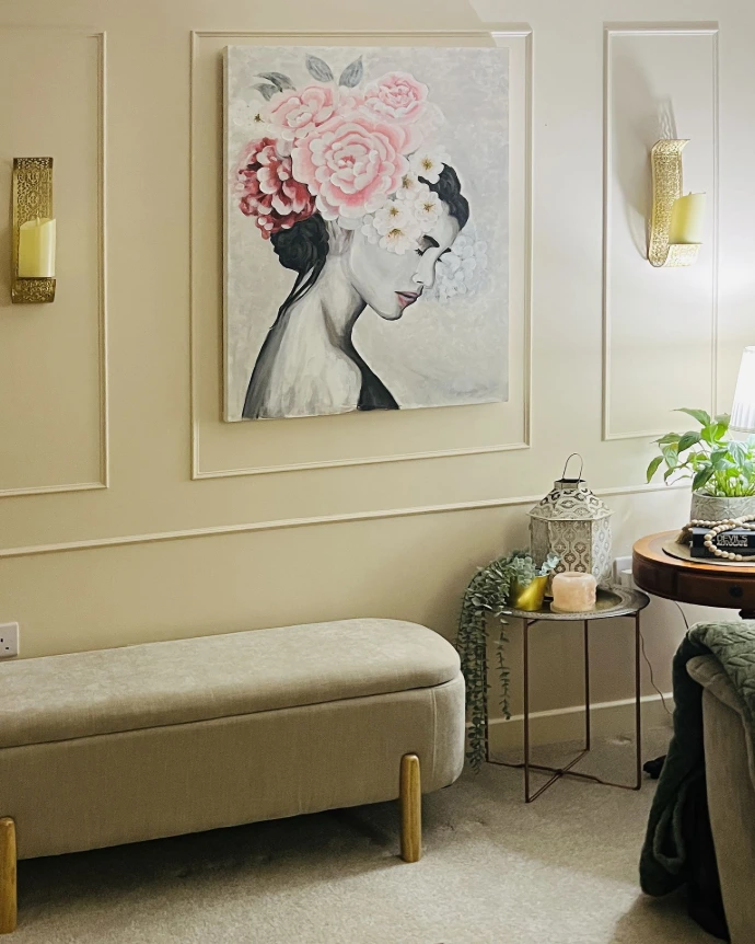 Luxury entrance hallway interior design in Harrogate by House of Ahana, featuring classic wall panelling and a custom textured floral canvas painting.