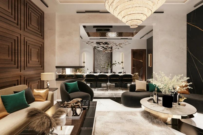 Luxury turnkey living room interior design with dining space and modern decor.