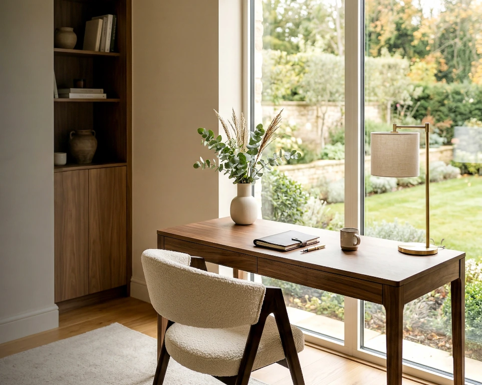 Modern home office interior design with wooden desk, natural light and garden view in a Yorkshire home