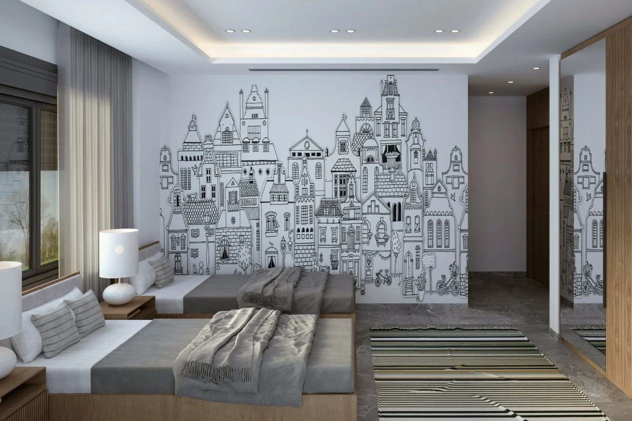 Modern bedroom interior with built-in seating, wardrobe design and wall art in a Leeds UK home