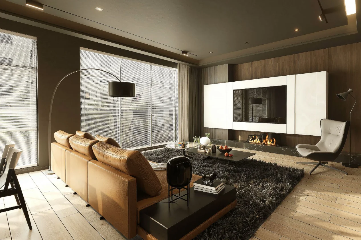 Contemporary living room interior with fireplace, feature wall and modern seating in a Harrogate UK home