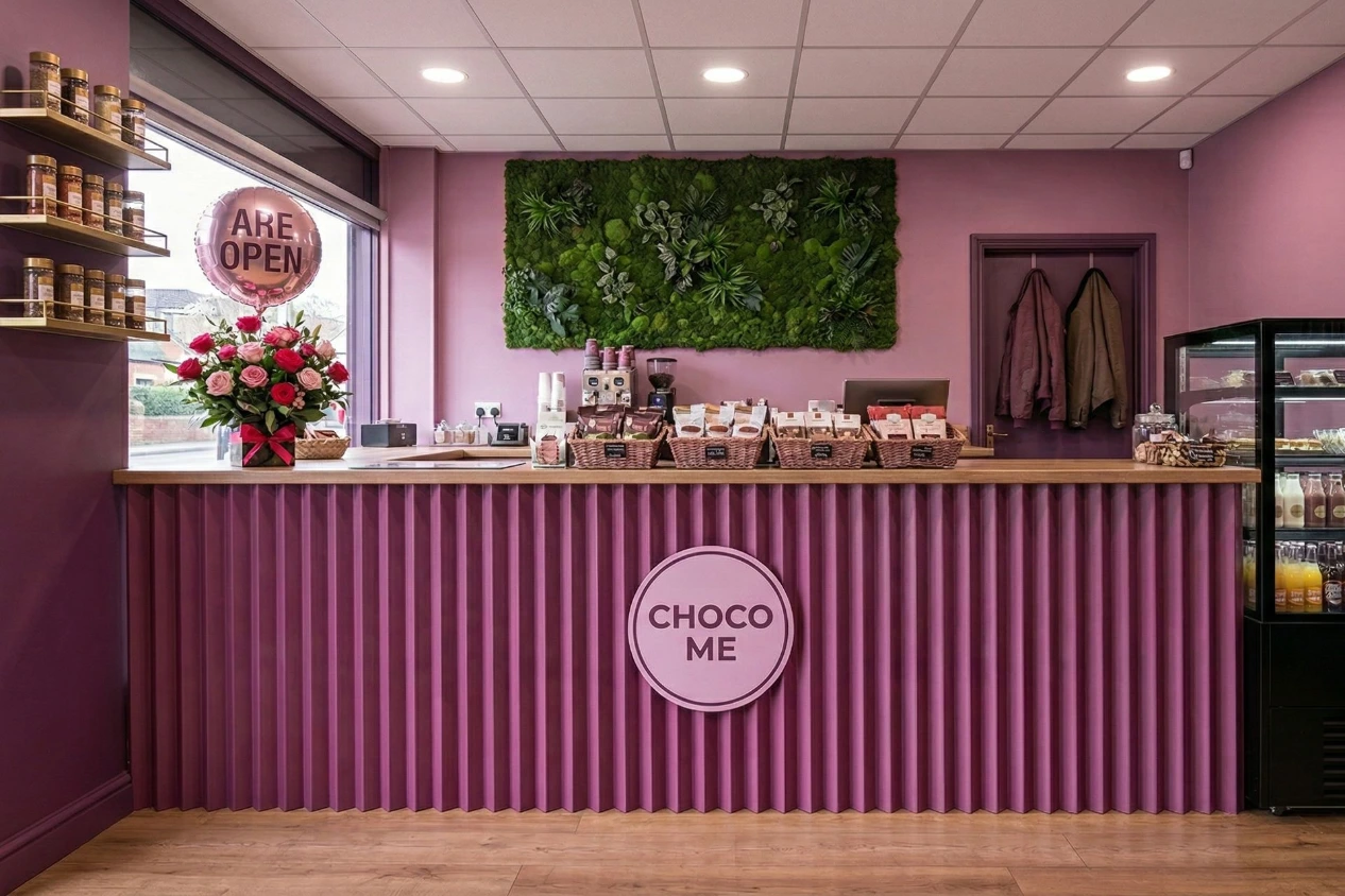 Boutique dessert shop interior with pastel pink theme, display counter and modern retail layout in London UK