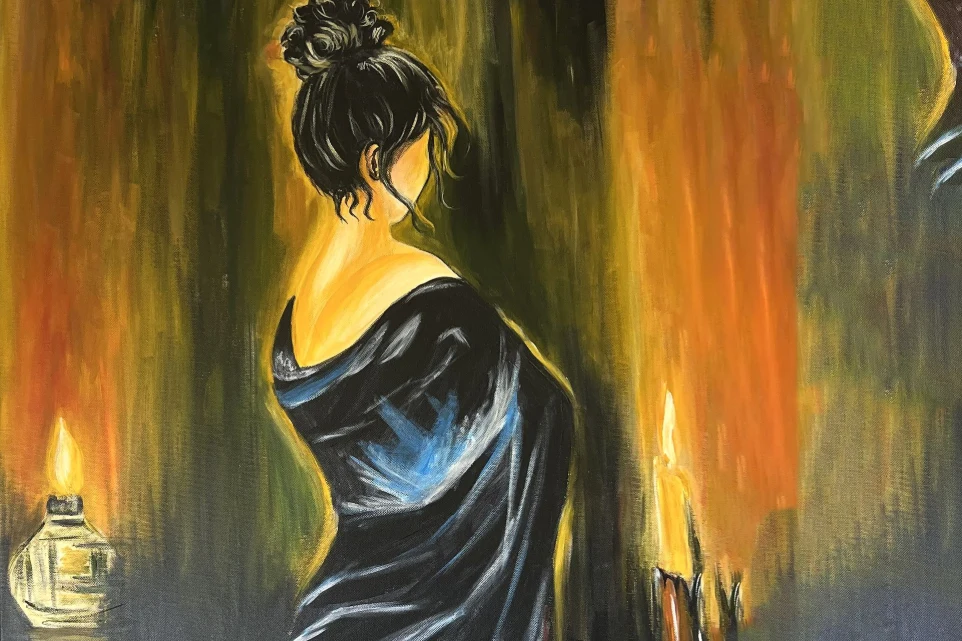 Bespoke abstract painting of a woman in candlelight, hand-painted artwork designed for luxury interior spaces in the UK
