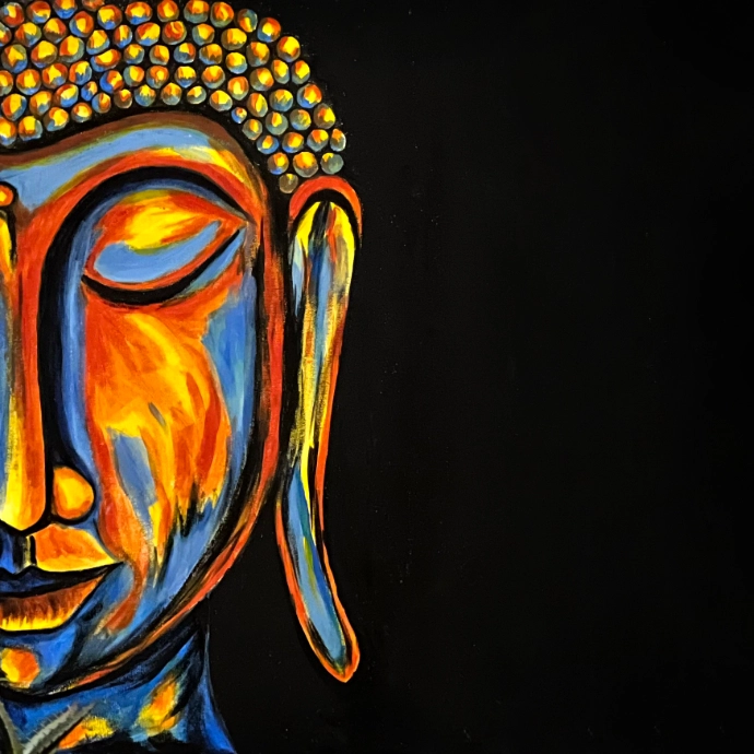 Bespoke abstract Buddha painting with vibrant colours, hand-painted spiritual artwork styled for luxury interior spaces in the UK