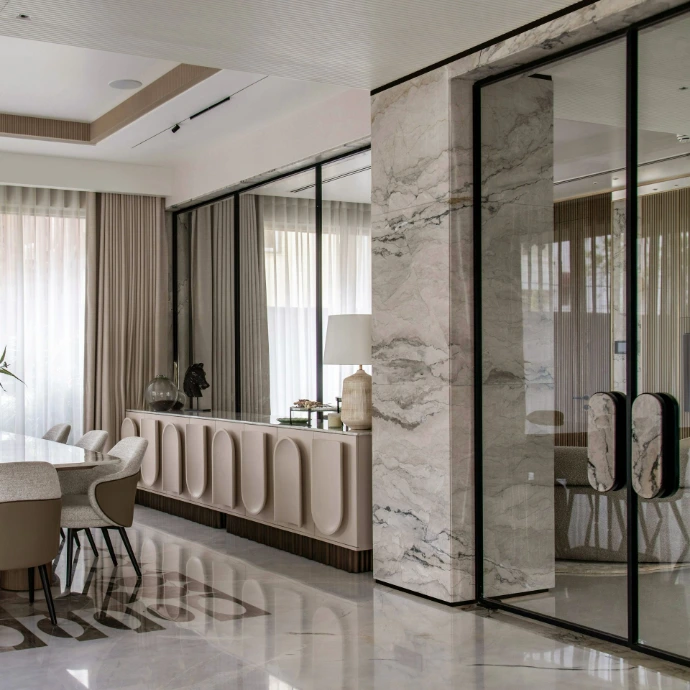 Luxury modern interior design with marble finishes and glass partitions showcasing a premium residential or commercial space in the UK