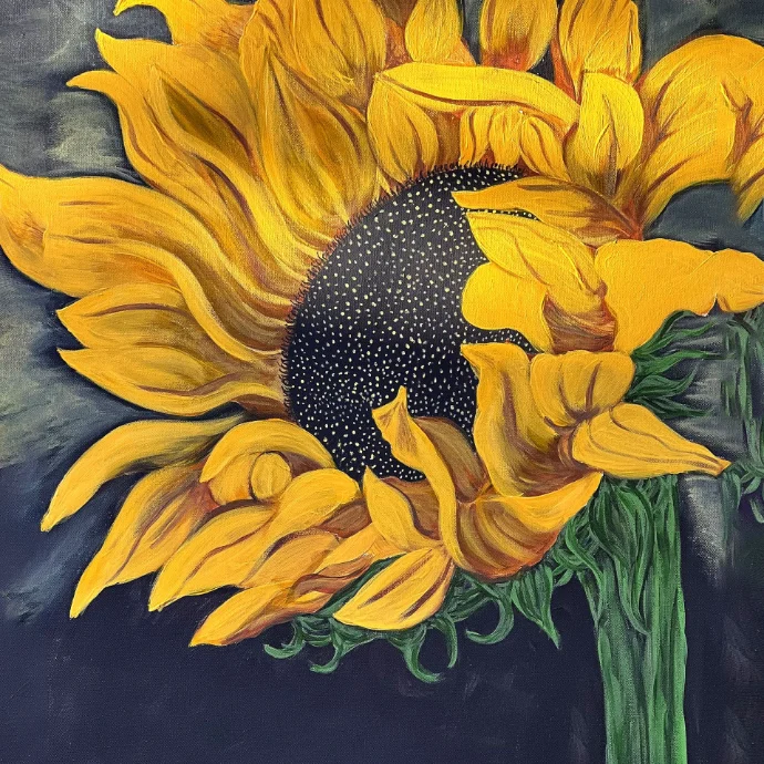 Hand-painted sunflower canvas artwork by Ahana Majumdar, created as bespoke art for luxury interior spaces