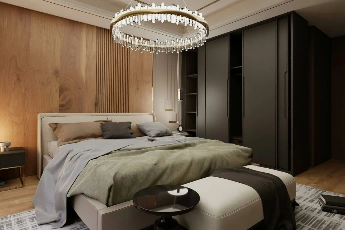 Luxury residential interior design bedroom with modern lighting and bespoke furniture in UK home