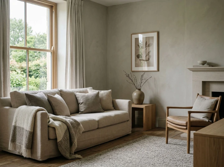 A calm and refined living space showcasing the essence of quiet luxury interior design Quiet luxury interior design living room in a UK home with neutral tones, linen sofa, and natural materials