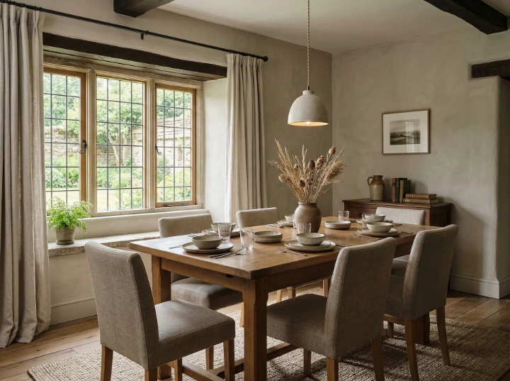 A refined dining space highlighting the balance of texture, material, and soft lighting in quiet luxury design Quiet luxury dining room in a Yorkshire home with oak table, neutral tones, and natural materials
