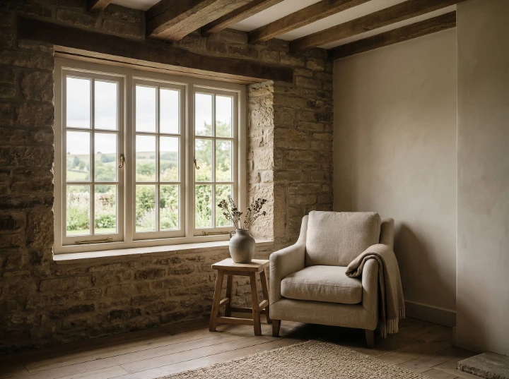 A quiet corner that reflects the natural character and timeless elegance of Yorkshire homes Quiet luxury interior in a Yorkshire stone home featuring natural materials, soft neutral tones, and window seating
