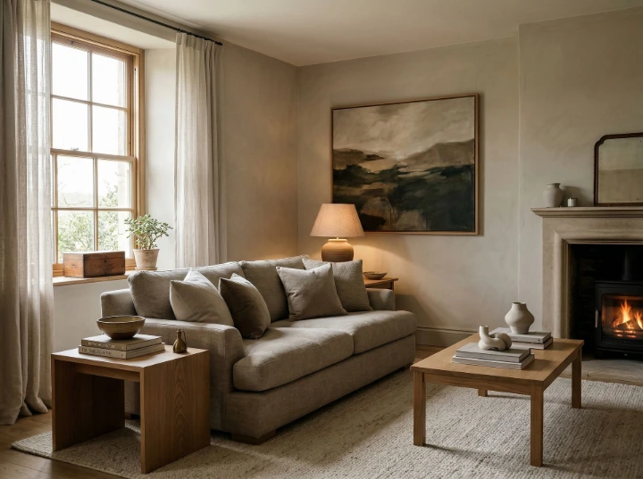 A thoughtfully layered space that avoids flat neutrals through texture, warmth, and curated detail Quiet luxury living room in a UK home with layered neutral tones, artwork, and warm lighting